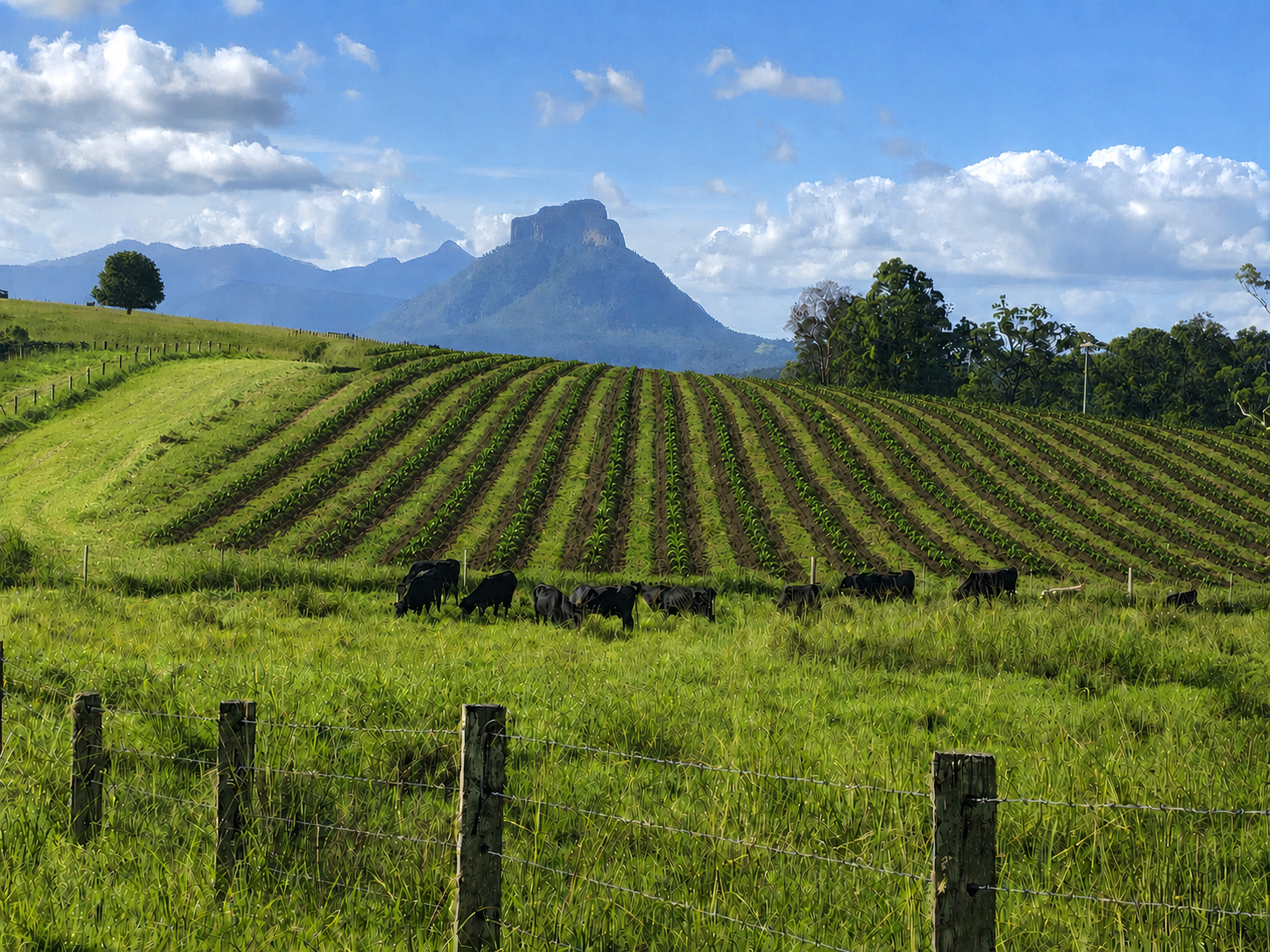 Young coffee trees planted in rows beneath Mount Lindesay